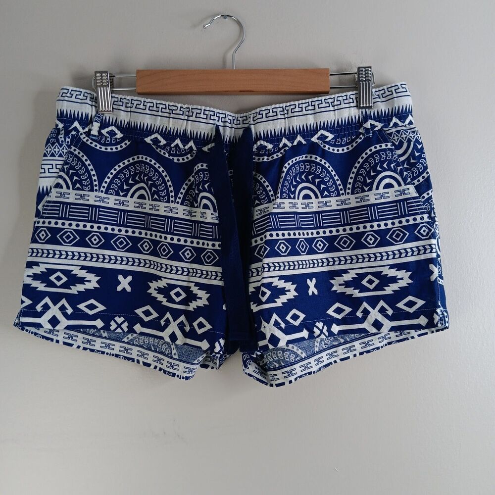 Lagaci Shorts Women's Aztec Print Shorts Blue White Drawstring Linen Blend Large